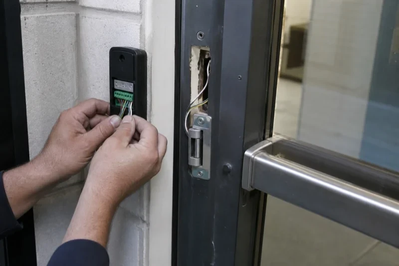 Hands holding wires beneath an open wall-mounted device beside a glass door and an exposed wired door-frame opening.