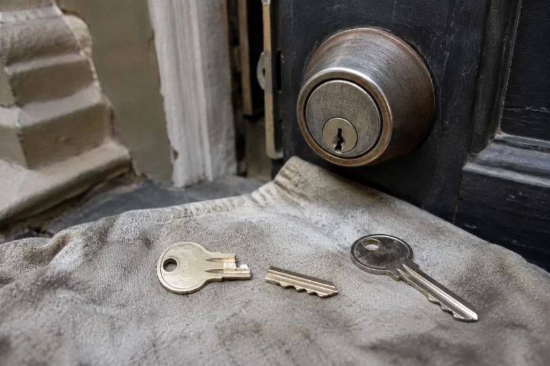 A key broken into two pieces and an intact key resting on a cloth beneath a door deadbolt.