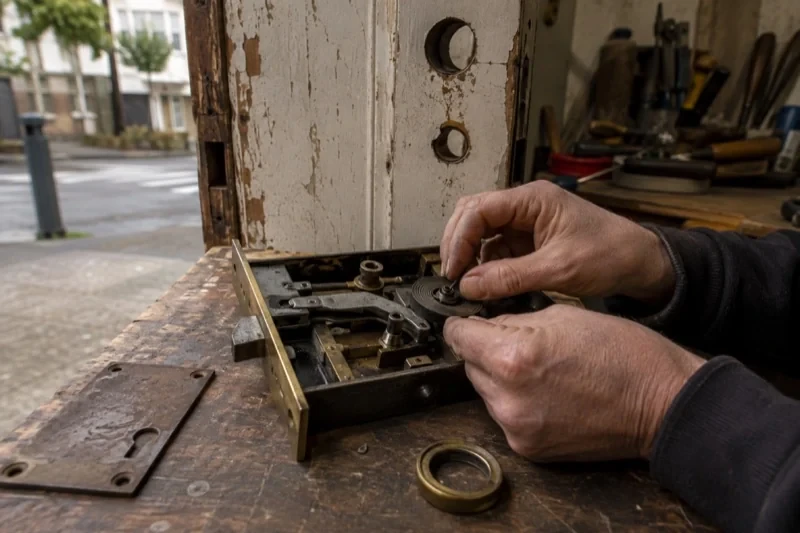 Hands handling a spring inside an open rectangular lock case on a worn wooden workbench beside a painted door.